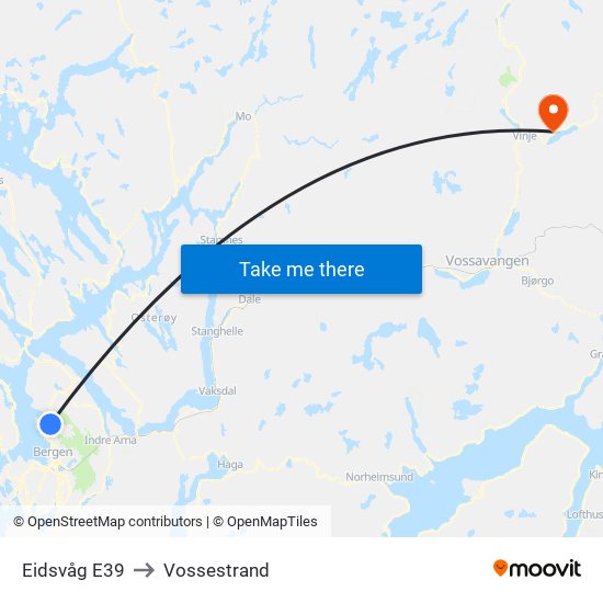 Eidsvåg E39 to Vossestrand map