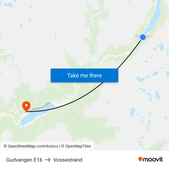 Gudvangen E16 to Vossestrand map
