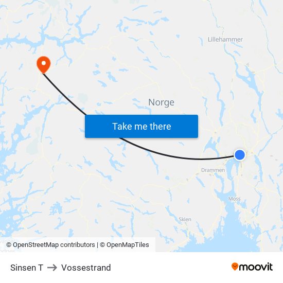 Sinsen T to Vossestrand map