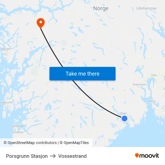 Porsgrunn Stasjon to Vossestrand map