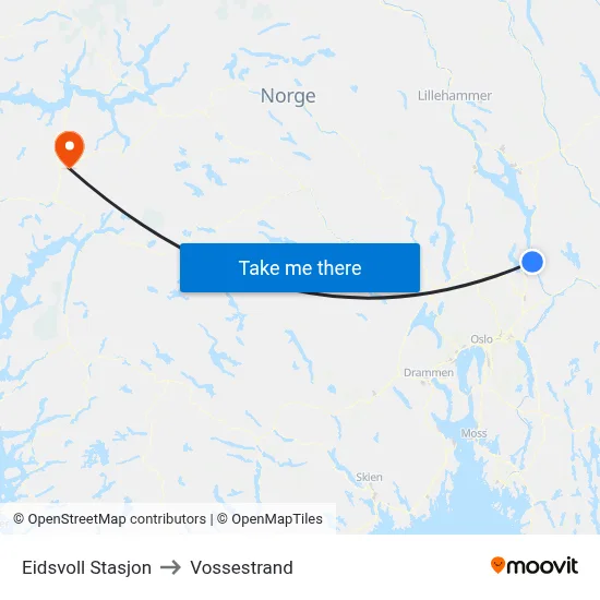 Eidsvoll Stasjon to Vossestrand map