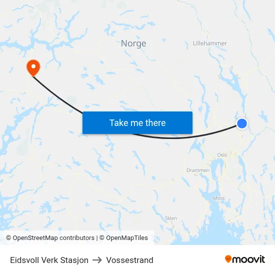Eidsvoll Verk Stasjon to Vossestrand map