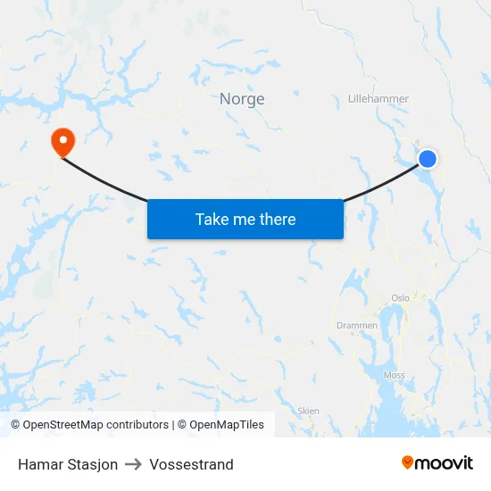 Hamar Stasjon to Vossestrand map