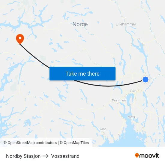 Nordby Stasjon to Vossestrand map