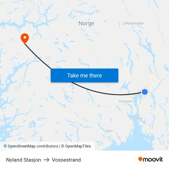 Nyland Stasjon to Vossestrand map