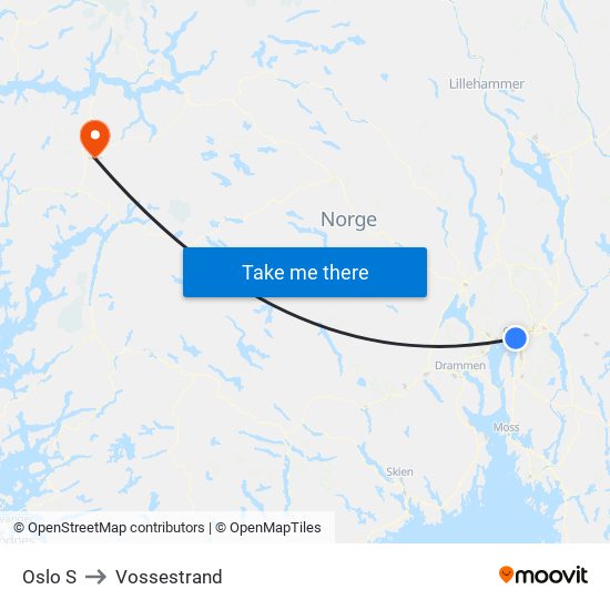 Oslo S to Vossestrand map