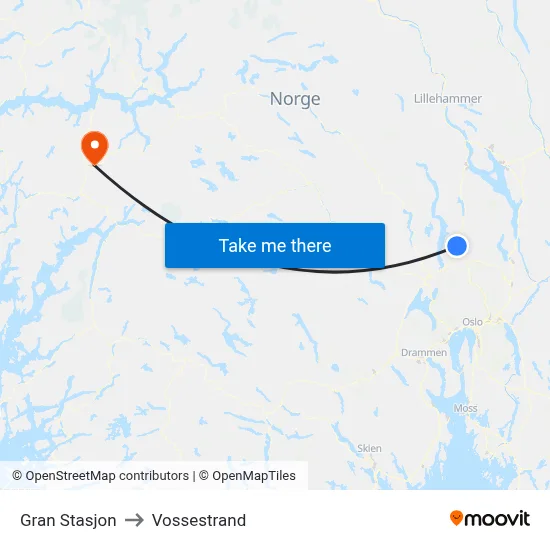Gran Stasjon to Vossestrand map