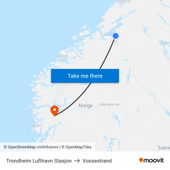 Trondheim Lufthavn Stasjon to Vossestrand map
