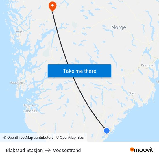 Blakstad Stasjon to Vossestrand map
