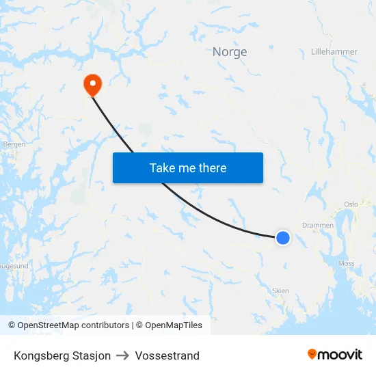 Kongsberg Stasjon to Vossestrand map