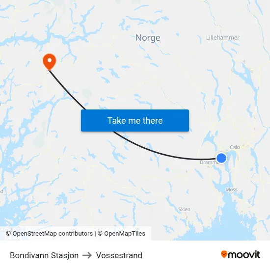 Bondivann Stasjon to Vossestrand map