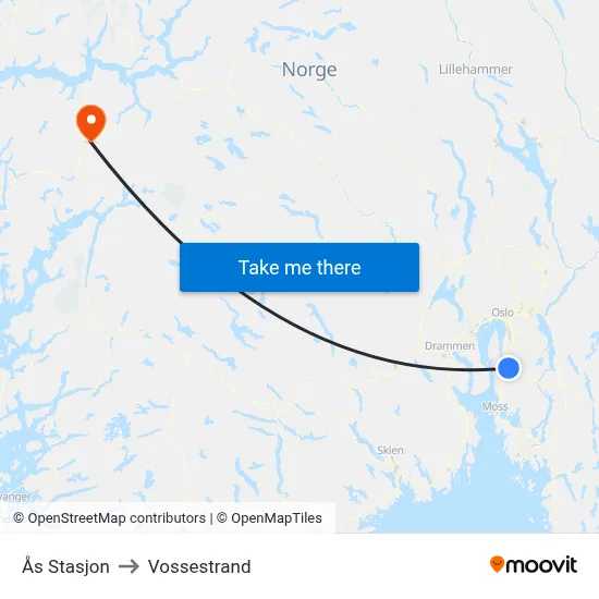Ås Stasjon to Vossestrand map