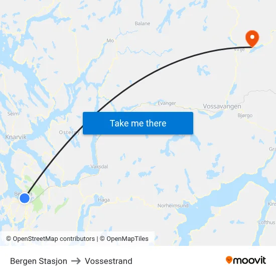 Bergen Stasjon to Vossestrand map