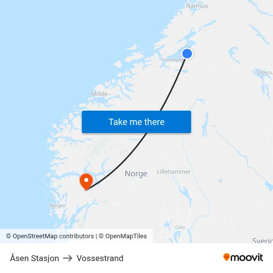 Åsen Stasjon to Vossestrand map