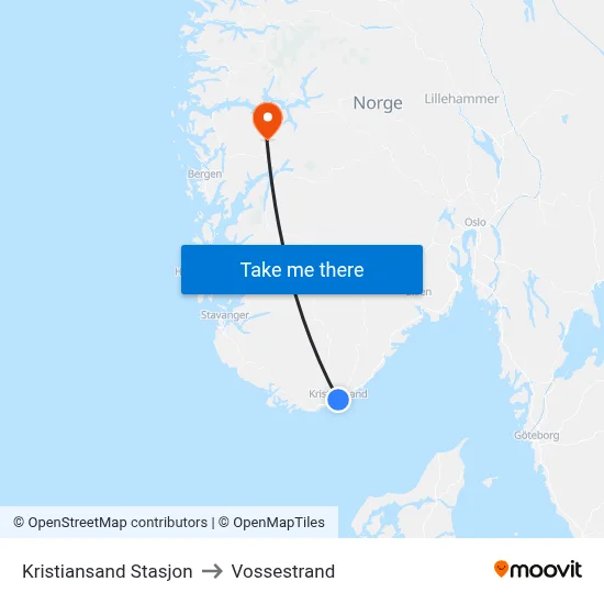 Kristiansand Stasjon to Vossestrand map