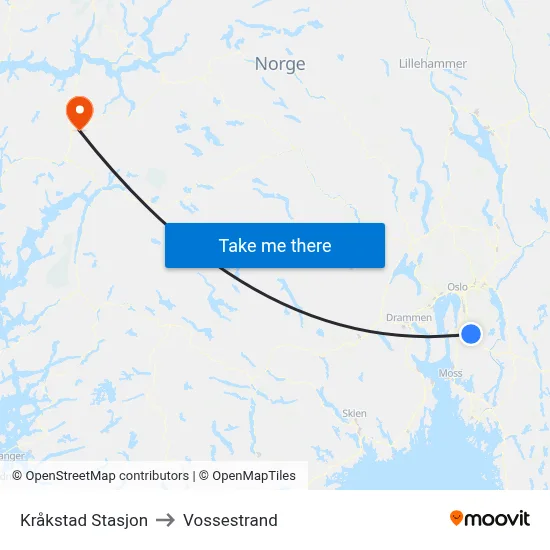 Kråkstad Stasjon to Vossestrand map