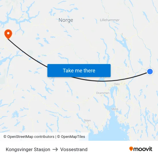 Kongsvinger Stasjon to Vossestrand map