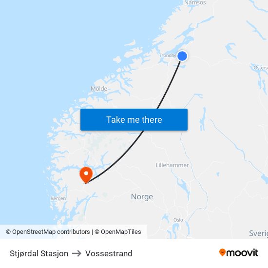 Stjørdal Stasjon to Vossestrand map