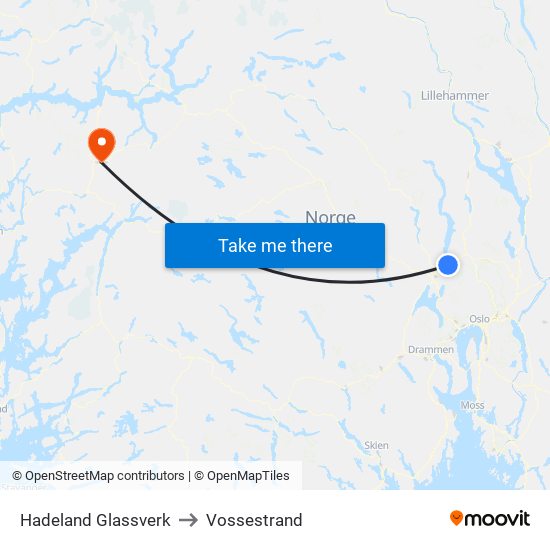 Hadeland Glassverk to Vossestrand map