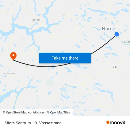 Slidre Sentrum to Vossestrand map
