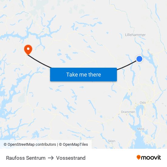 Raufoss Sentrum to Vossestrand map