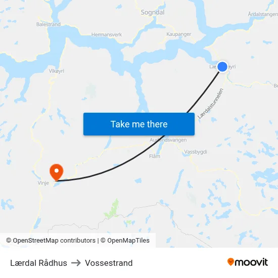 Lærdal Rådhus to Vossestrand map