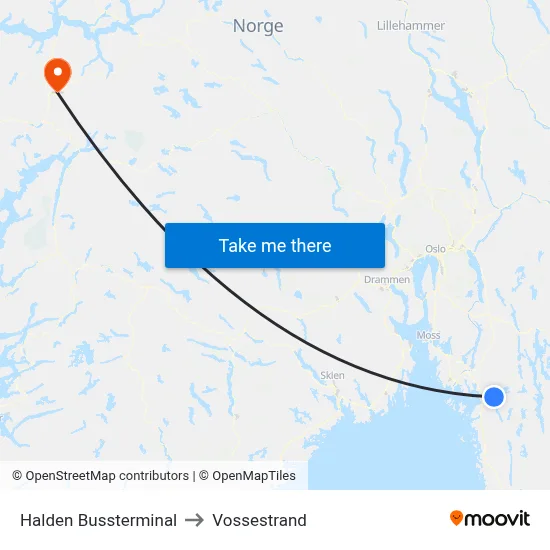 Halden Bussterminal to Vossestrand map