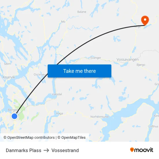 Danmarks Plass to Vossestrand map