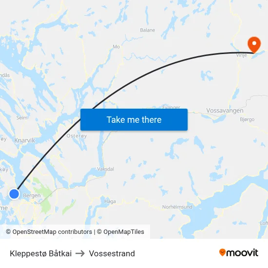 Kleppestø Båtkai to Vossestrand map