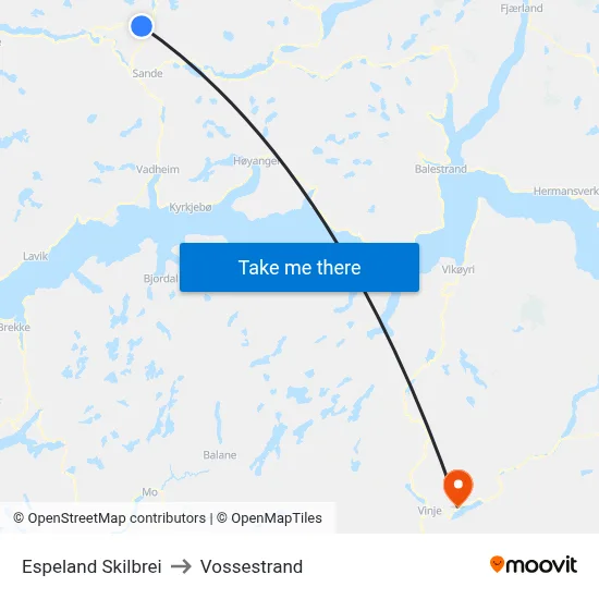 Espeland Skilbrei to Vossestrand map