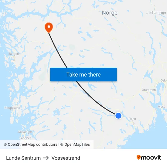Lunde Sentrum to Vossestrand map