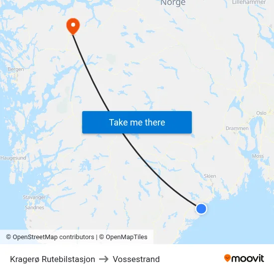 Kragerø Rutebilstasjon to Vossestrand map
