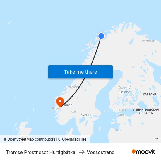 Tromsø Prostneset Hurtigbåtkai to Vossestrand map