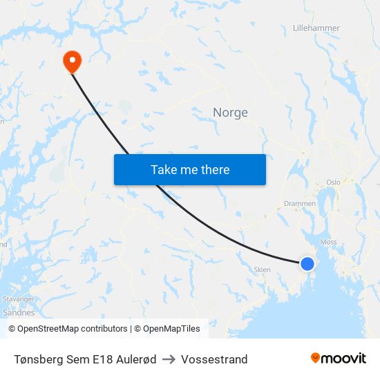 Tønsberg Sem E18 Aulerød to Vossestrand map