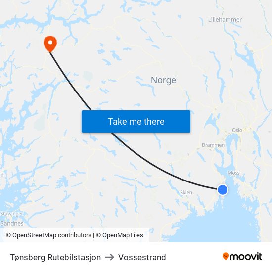 Tønsberg Rutebilstasjon to Vossestrand map