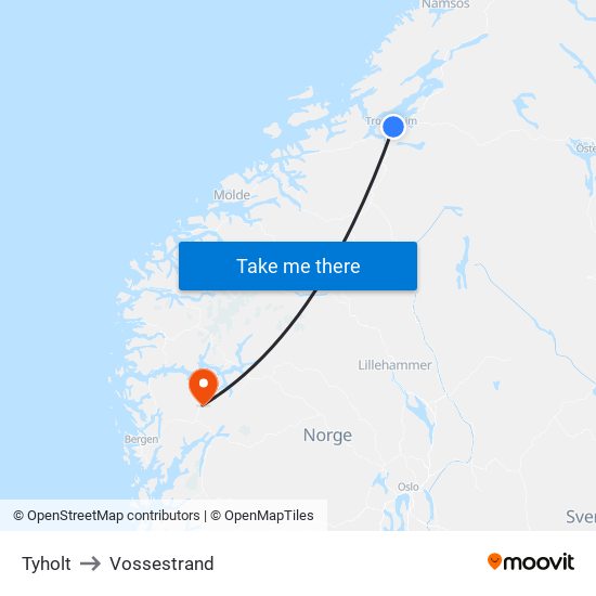 Tyholt to Vossestrand map