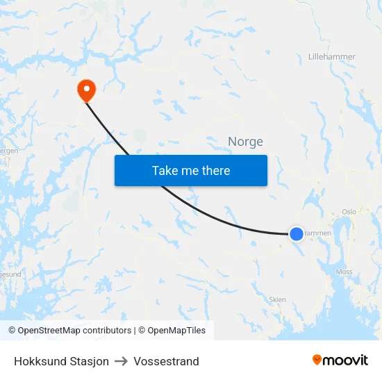Hokksund Stasjon to Vossestrand map