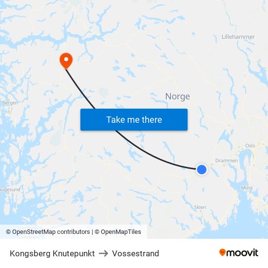 Kongsberg Knutepunkt to Vossestrand map