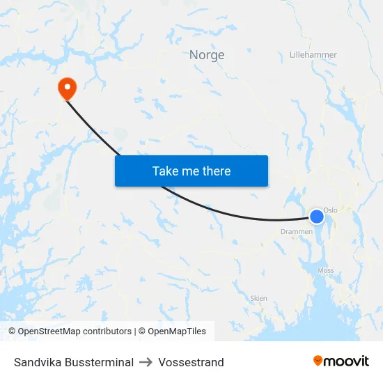 Sandvika Bussterminal to Vossestrand map