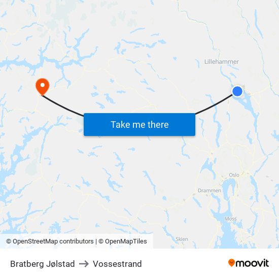 Bratberg Jølstad to Vossestrand map