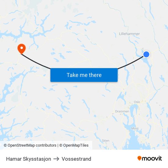 Hamar Skysstasjon to Vossestrand map