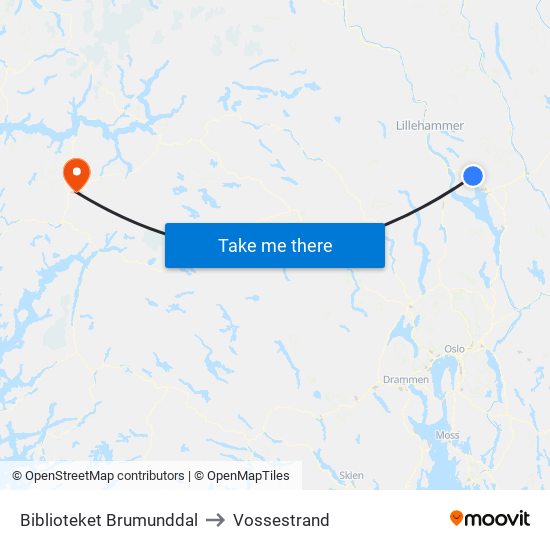 Biblioteket Brumunddal to Vossestrand map