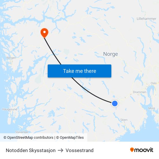 Notodden Skysstasjon to Vossestrand map