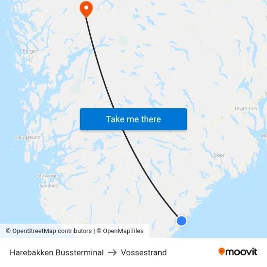 Harebakken Bussterminal to Vossestrand map