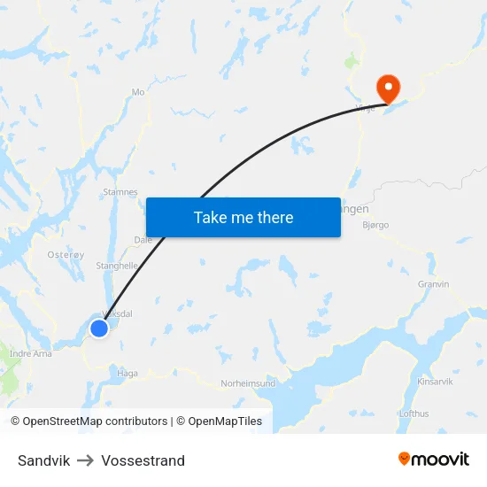 Sandvik to Vossestrand map