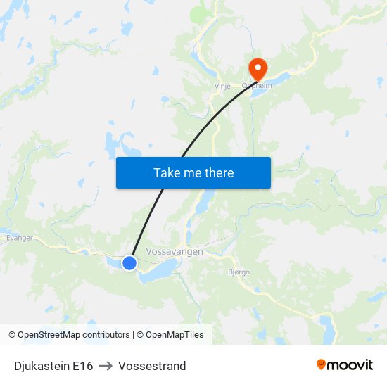 Djukastein E16 to Vossestrand map