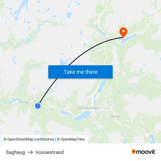 Saghaug to Vossestrand map