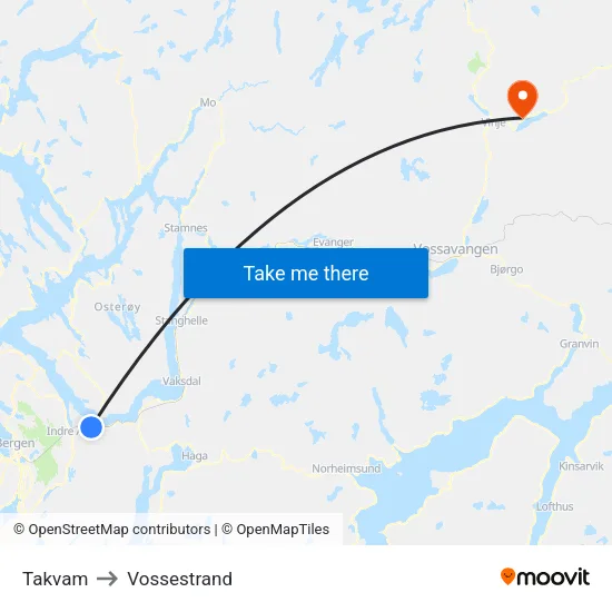 Takvam to Vossestrand map