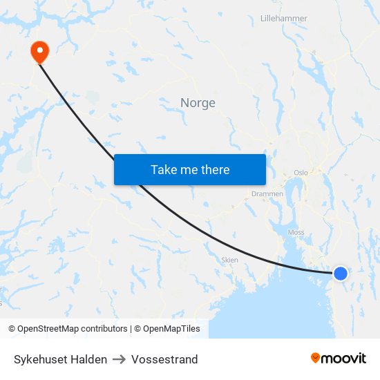 Sykehuset Halden to Vossestrand map