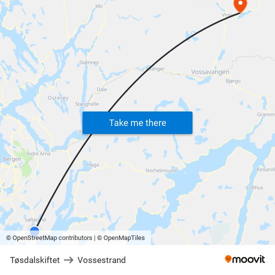 Tøsdalskiftet to Vossestrand map